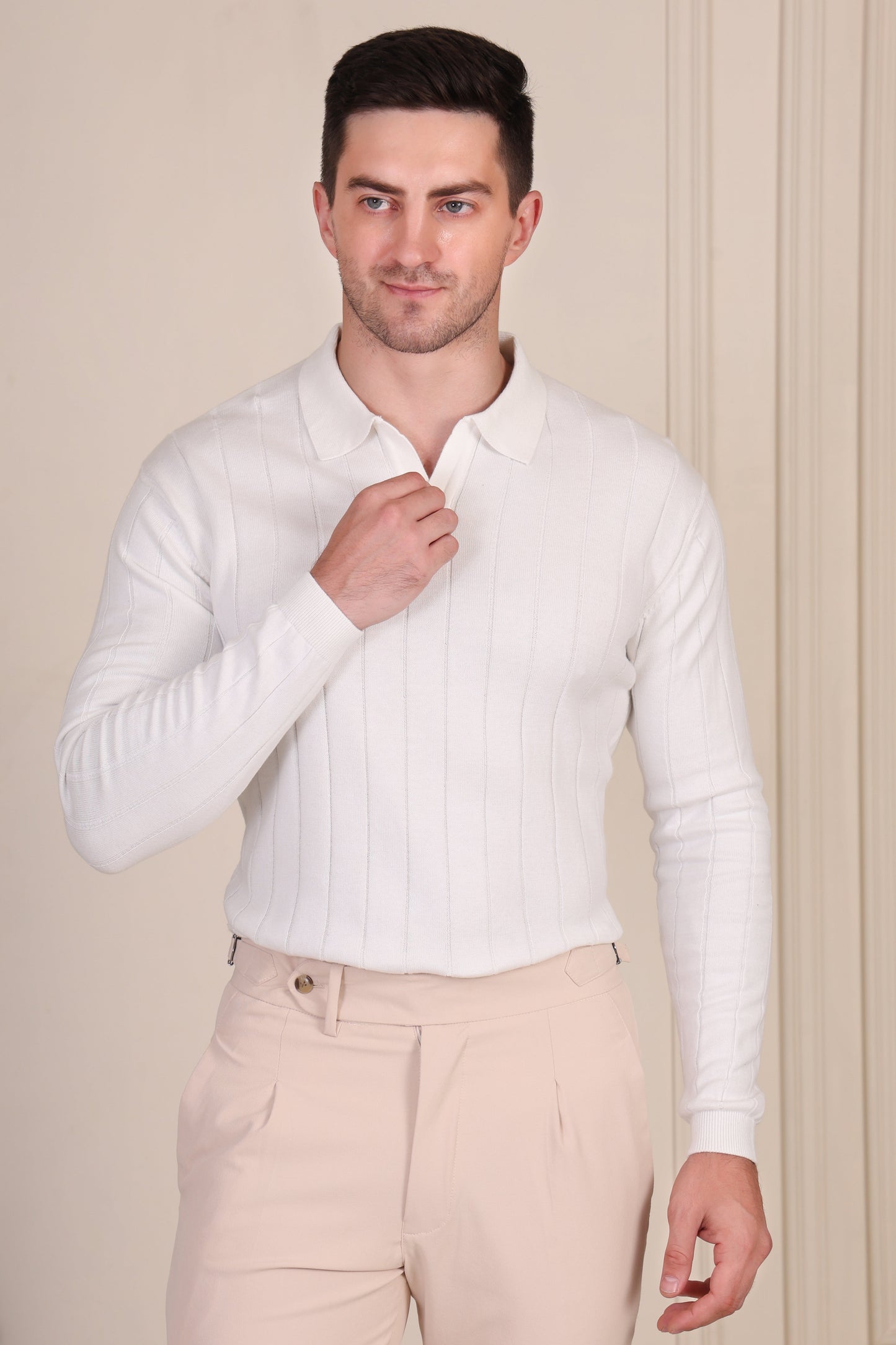 White Knit Polo Full Sleeves | Wide Ribbed by ITALIANVEGA®