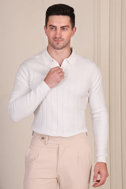 White Knit Polo Full Sleeves | Wide Ribbed by ITALIANVEGA®