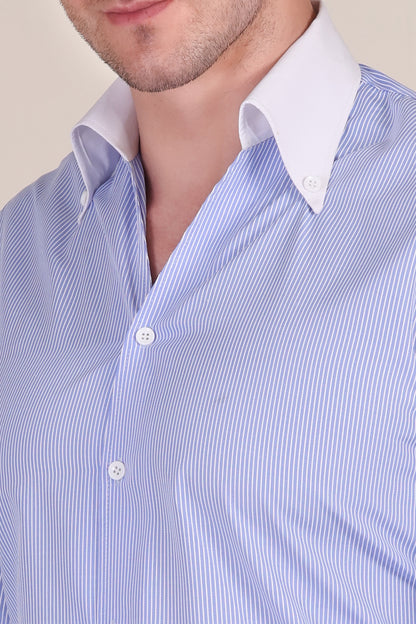 Old Money Sky Blue Contrast Pinstripe One Piece Collar by Italian Vega®