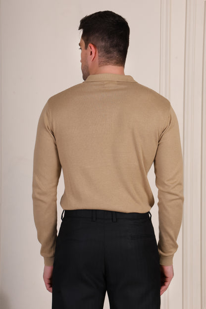 Beige Wide Stripes Full Sleeves Knit Polo by ITALIAN VEGA
