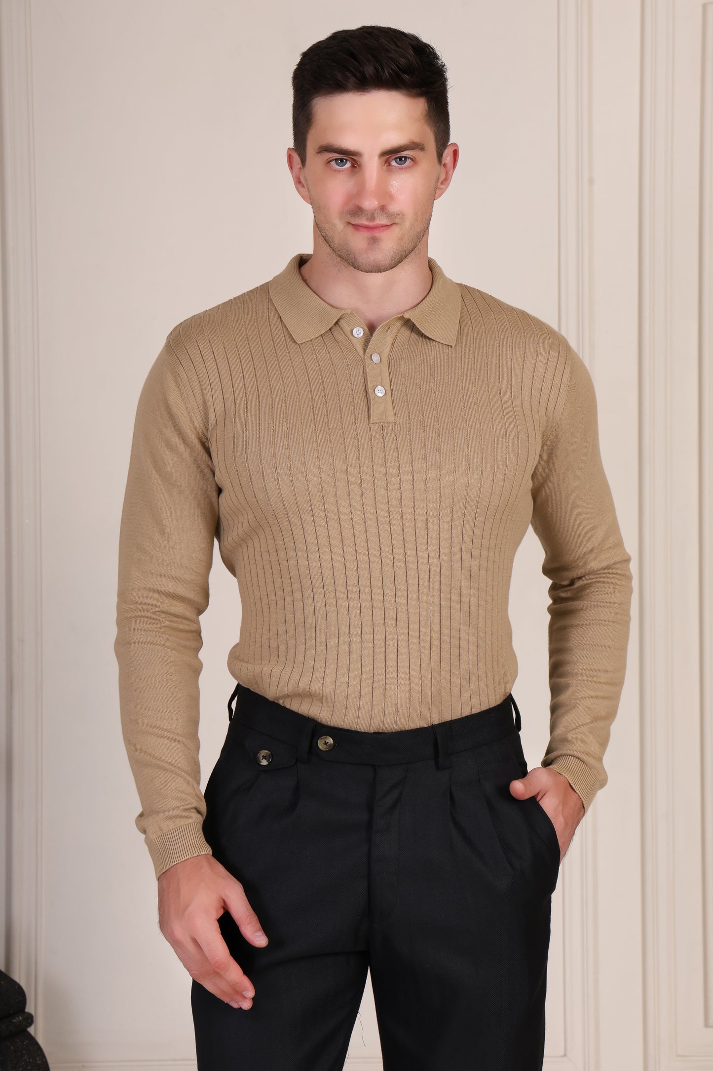 Beige Wide Stripes Full Sleeves Knit Polo by ITALIAN VEGA