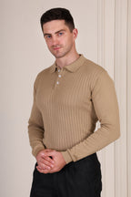 Beige Wide Stripes Full Sleeves Knit Polo by ITALIAN VEGA