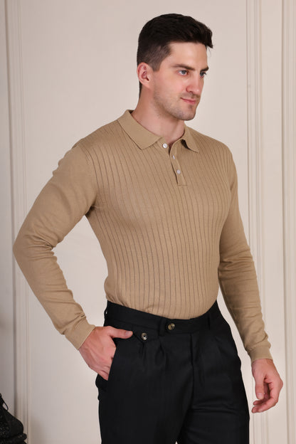 Beige Wide Stripes Full Sleeves Knit Polo by ITALIAN VEGA