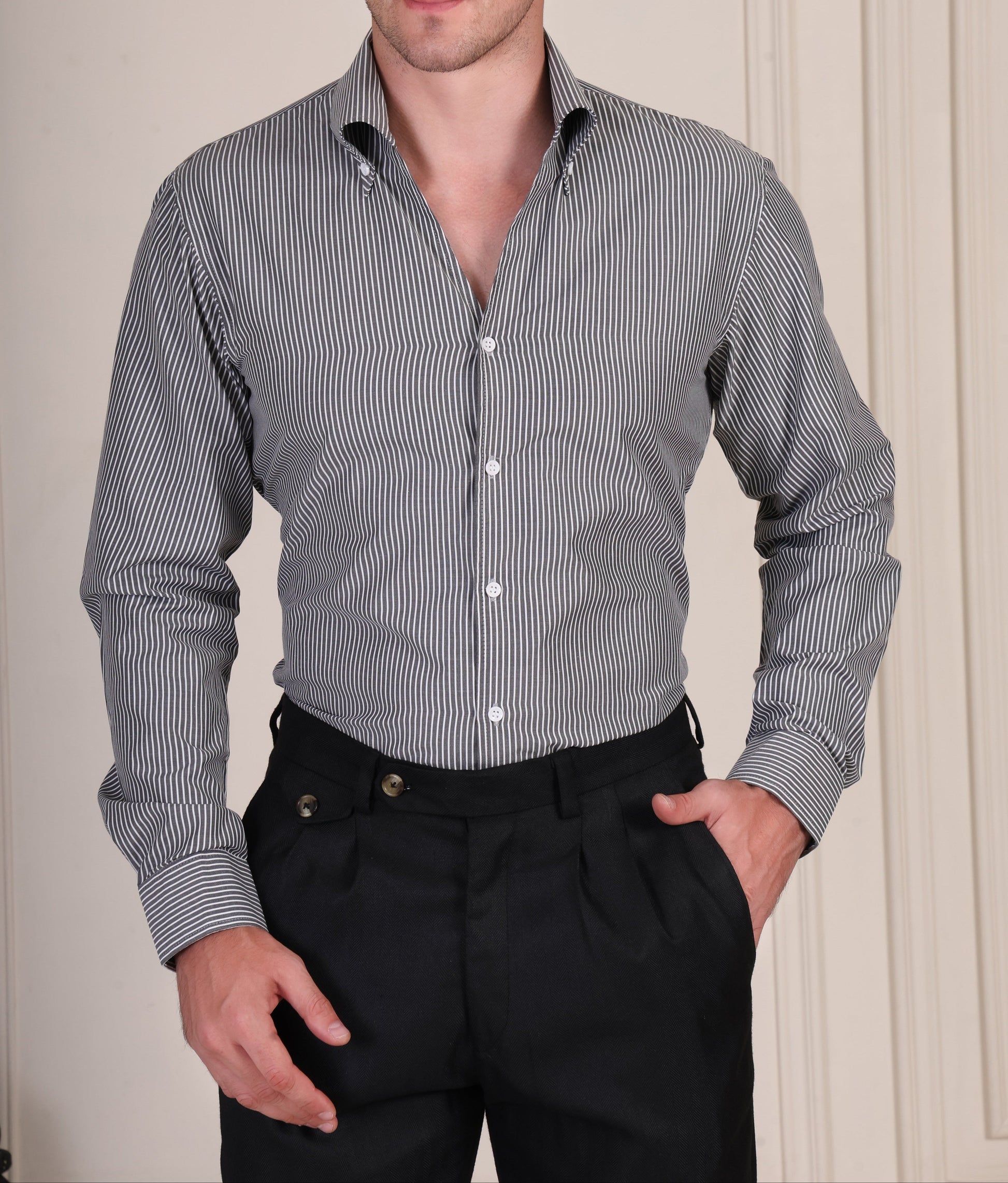 Black and white pinstripe cotton viscose shirt with one piece collar for men by Italian Vega®, styled with black trousers.