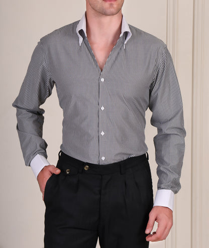 Black and white pinstripe cotton viscose shirt with white contrast collar and cuffs for men by Italian Vega®, styled with black trousers.