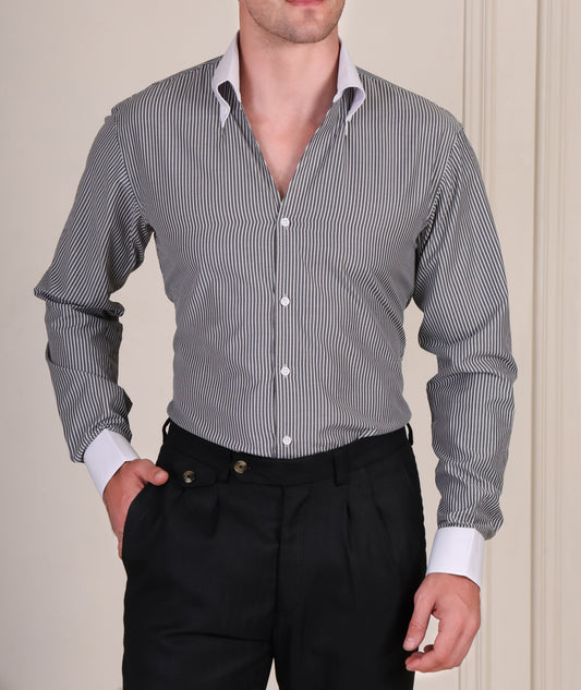 Black and white pinstripe cotton viscose shirt with white contrast collar and cuffs for men by Italian Vega®, styled with black trousers.