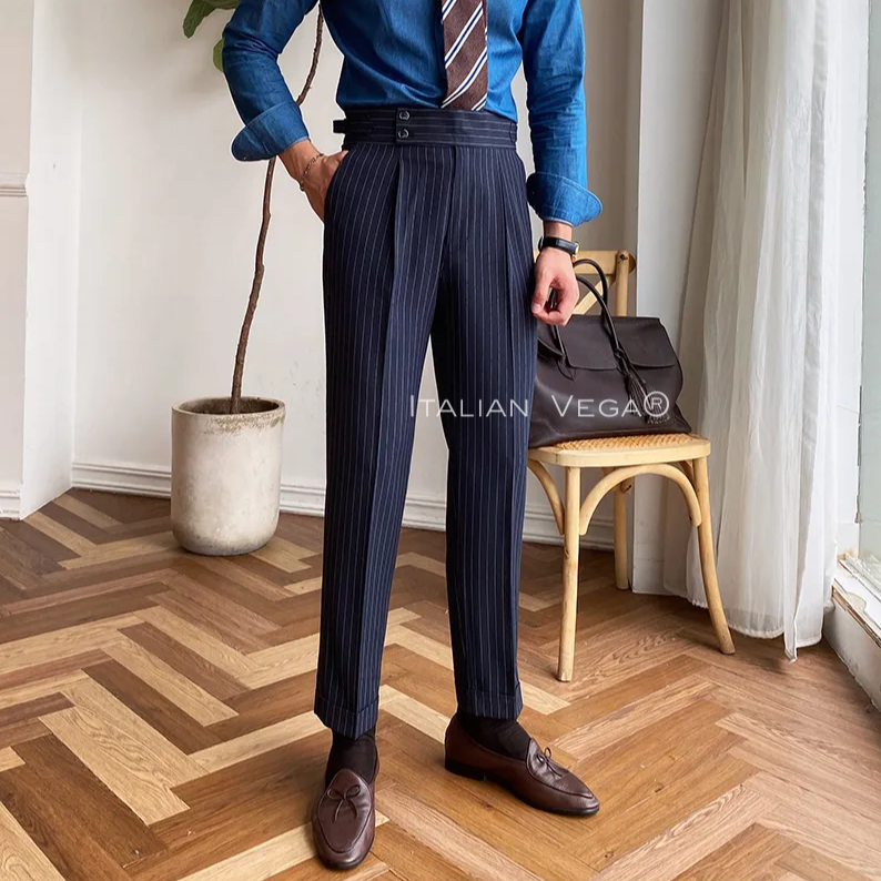 Navy Striped Buttoned  Gurkha Pants by Italian Vega® (Special Edition)