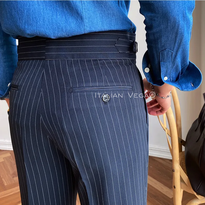 Old Money White Shirt with Navy Stripe Signature Buttoned Gurkha Pant by ITALIAN VEGA®