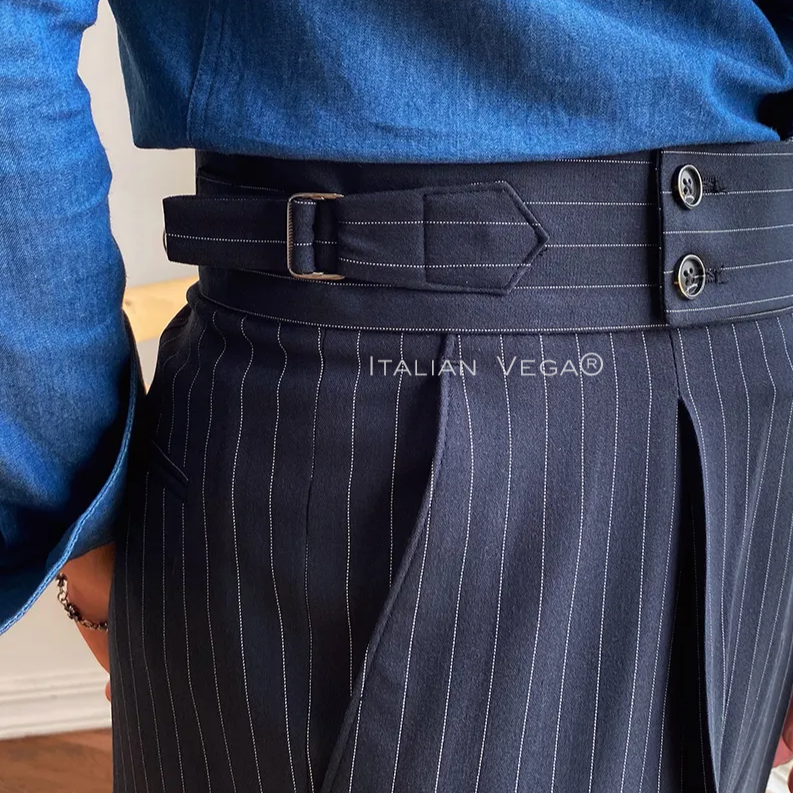 Navy Striped Buttoned  Gurkha Pants by Italian Vega® (Special Edition)