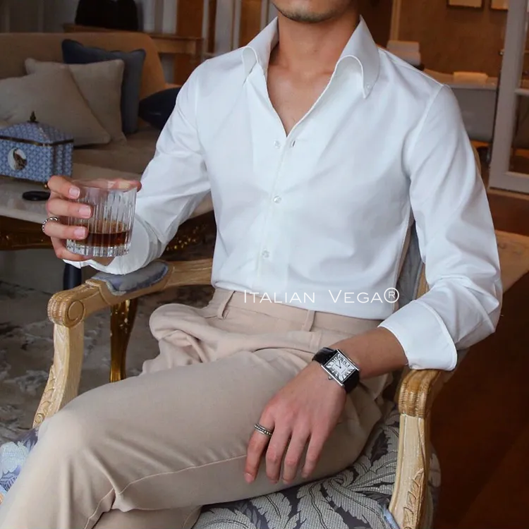 Old Money Ivory White Solid One Piece Collar Shirt by Italian Vega®