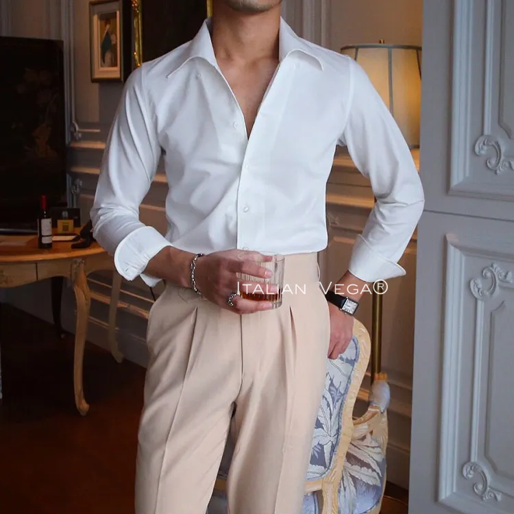 Old Money Ivory White Solid One Piece Collar Shirt by Italian Vega®