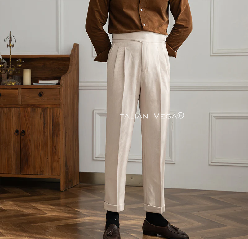 Beige Corduroy Classic Button Formal Gurkha Pants by ITALIAN VEGA®