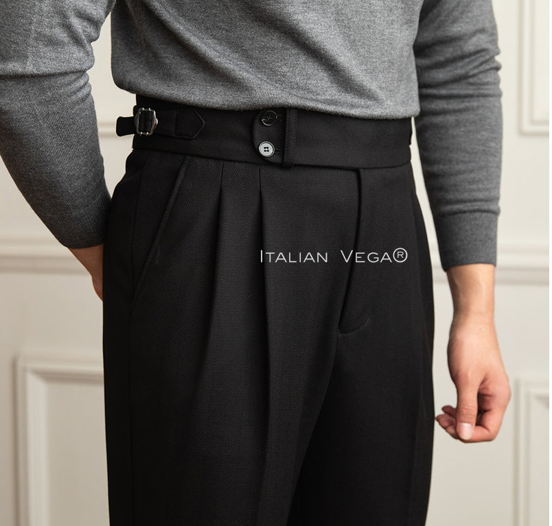 Old Money Powder Blue Shirt with Black Herringbone Signature Buttoned Gurkha Pant by ITALIAN VEGA®