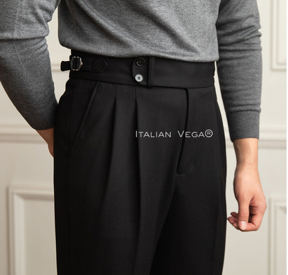Old Money Black Shirt with Black Herringbone Signature Buttoned Gurkha Pant by ITALIAN VEGA®