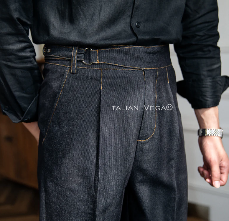 Old Money Classic Stripe Shirt with Space Blue Veteran Denim Gurkha Pant by ITALIAN VEGA®