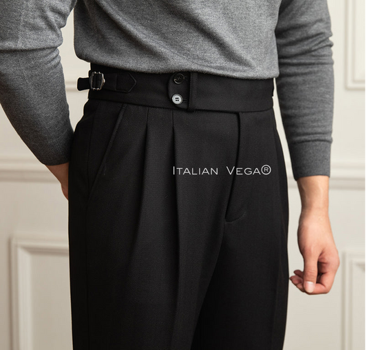Black Woolen Signature Buttoned Formal Gurkha Pants by ITALIAN VEGA®