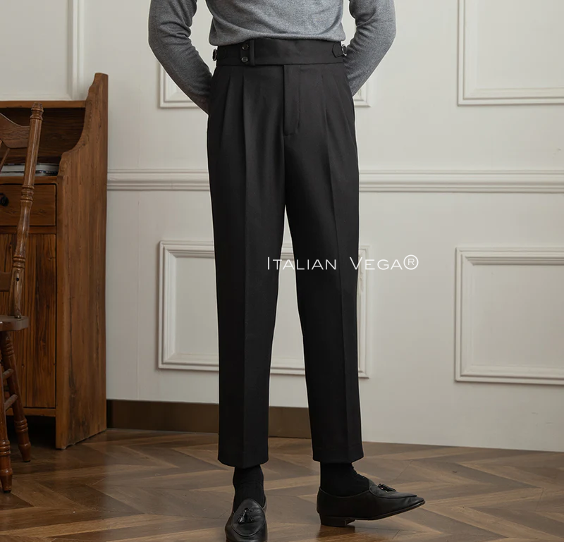 Old Money Black Shirt with Black Herringbone Signature Buttoned Gurkha Pant by ITALIAN VEGA®
