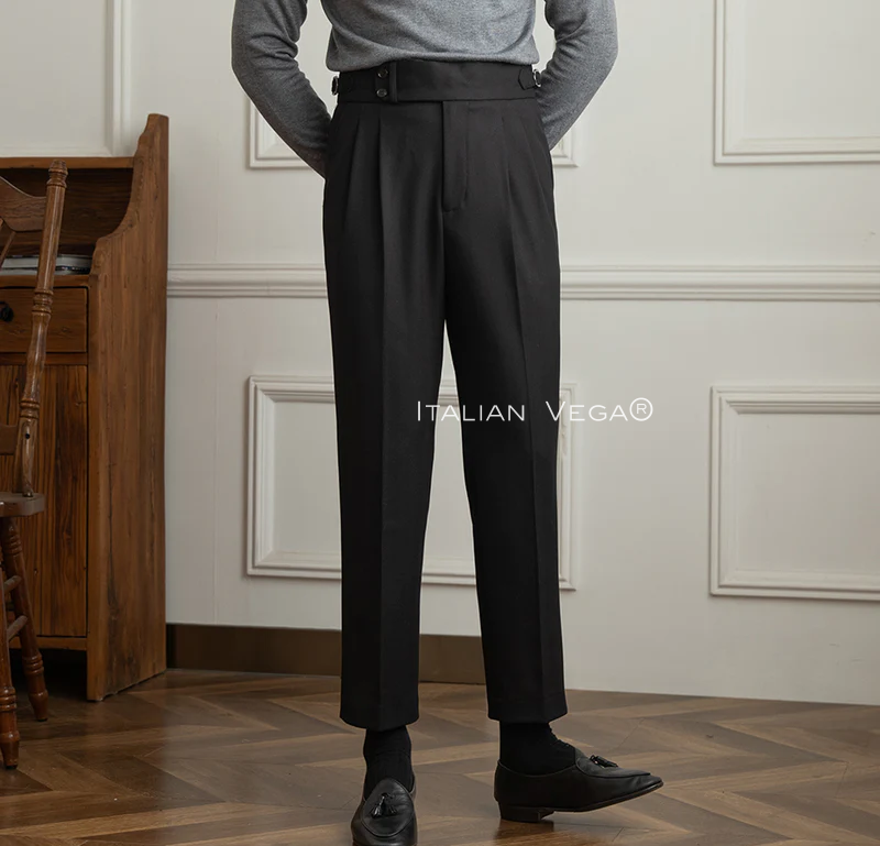 Old Money Powder Blue Shirt with Black Herringbone Signature Buttoned Gurkha Pant by ITALIAN VEGA®