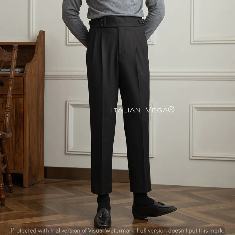 Black Woolen Signature Buttoned Formal Gurkha Pants by ITALIAN VEGA®