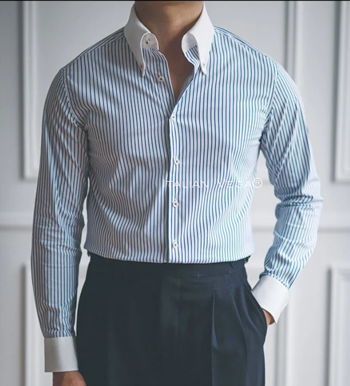 Old Money Navy Contrast Stripes Classic Collar Shirt by Italian Vega®