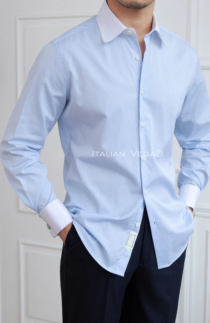 Old Money Sky Contrast Micro Pinstripe Classic Collar Shirt by Italian Vega®