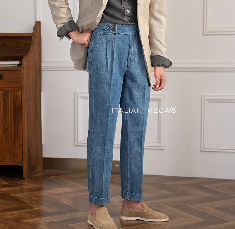 Old Money Crepe Stripe Shirt with Sky Blue Denim Signature Buttoned Gurkha Pant by ITALIAN VEGA®