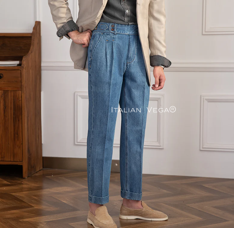 Old Money White Shirt with Sky Blue Denim Signature Buttoned Gurkha Pant by ITALIAN VEGA®
