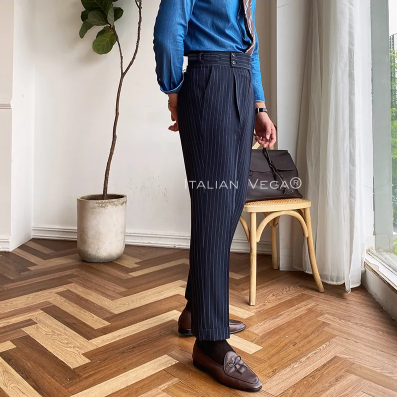 Navy Striped Buttoned  Gurkha Pants by Italian Vega® (Special Edition)