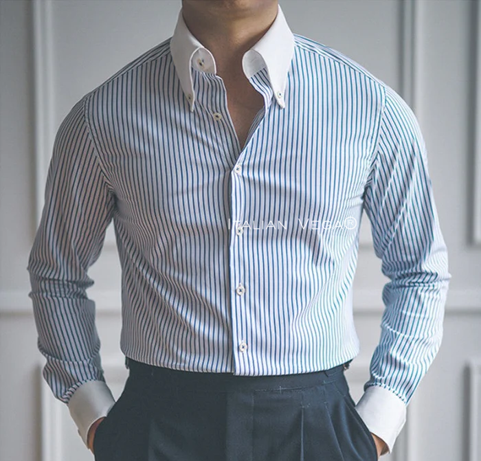 Old Money Classic Stripe Shirt with Elephant Grey Signature Buttoned Gurkha Pant by ITALIAN VEGA®