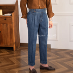 Old Money Classic Stripe Shirt with Dark Blue Denim Signature Buttoned Gurkha Pant by ITALIAN VEGA®