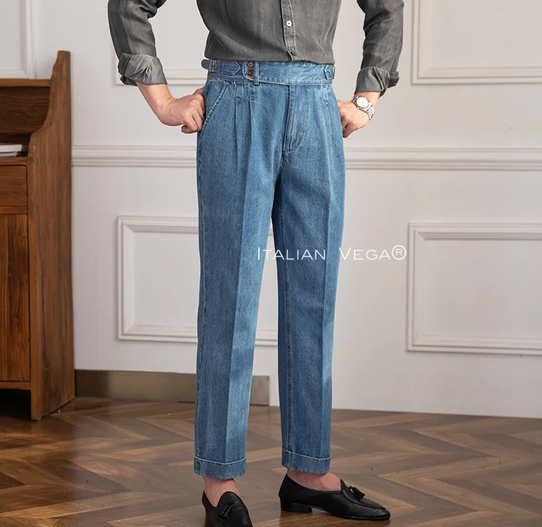 Old Money Crepe Stripe Shirt with Sky Blue Denim Signature Buttoned Gurkha Pant by ITALIAN VEGA®