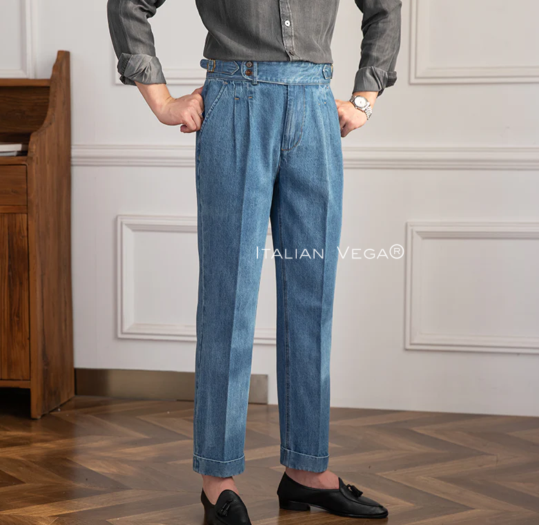 Old Money White Shirt with Sky Blue Denim Signature Buttoned Gurkha Pant by ITALIAN VEGA®