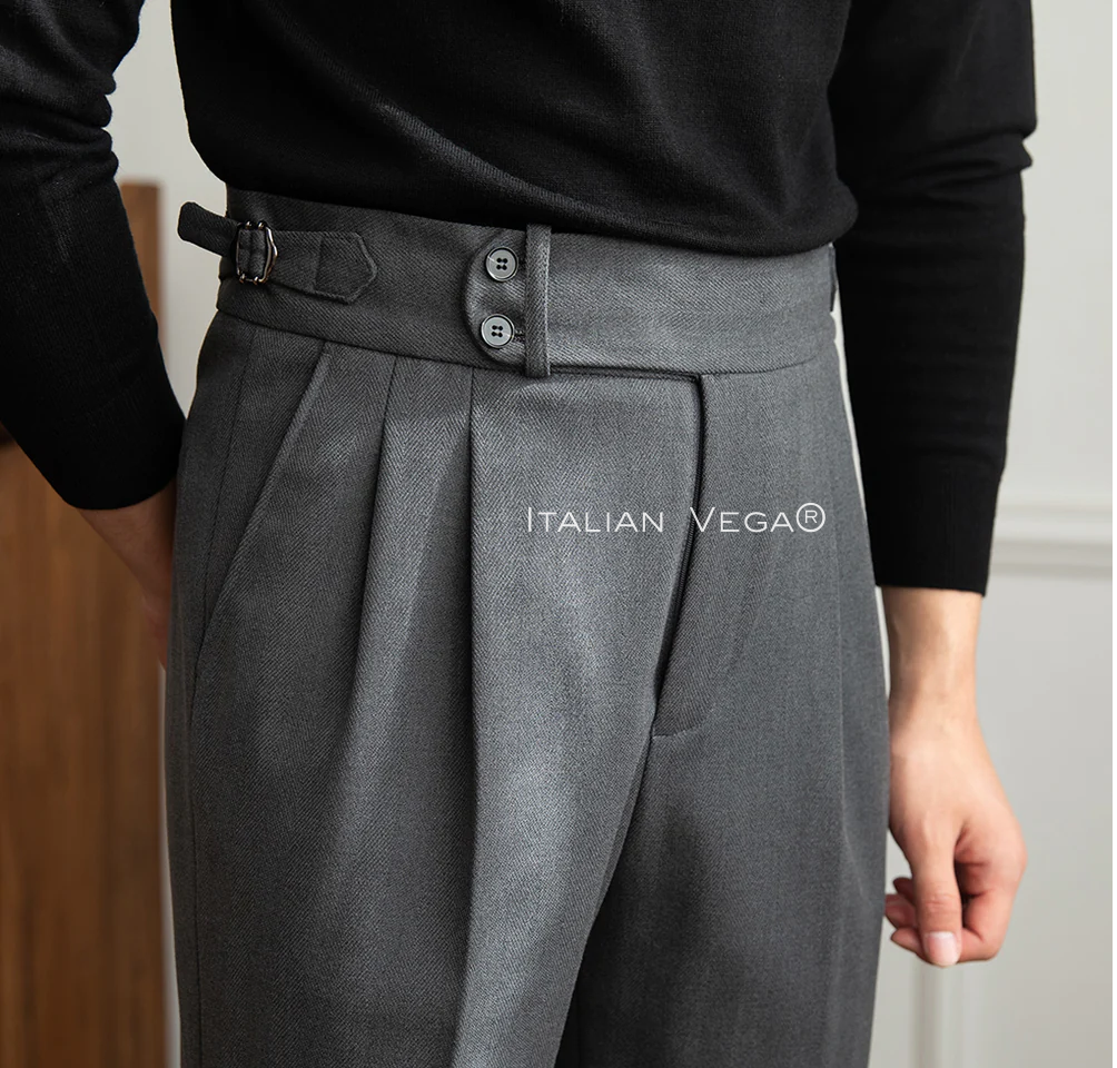 Old Money Crepe Stripe Shirt with Grey Herringbone Signature Buttoned Gurkha Pant by ITALIAN VEGA®