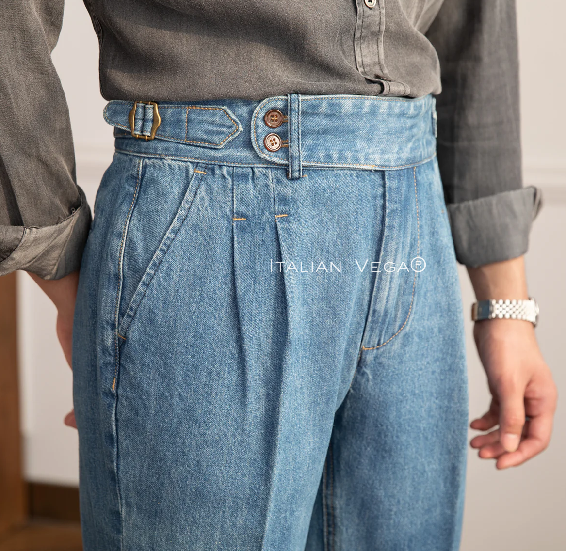 Old Money Crepe Stripe Shirt with Sky Blue Denim Signature Buttoned Gurkha Pant by ITALIAN VEGA®