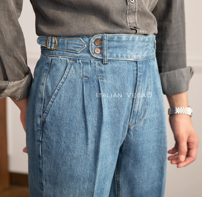 Old Money Grey Stripe Shirt with Sky Blue Denim Signature Buttoned Gurkha Pant by ITALIAN VEGA®