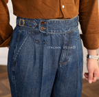 Old Money Classic Stripe Shirt with Dark Blue Denim Signature Buttoned Gurkha Pant by ITALIAN VEGA®