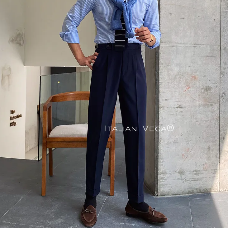 Navy Blue Italian Elegant Formal Gurkha Pants by ITALIAN VEGA®