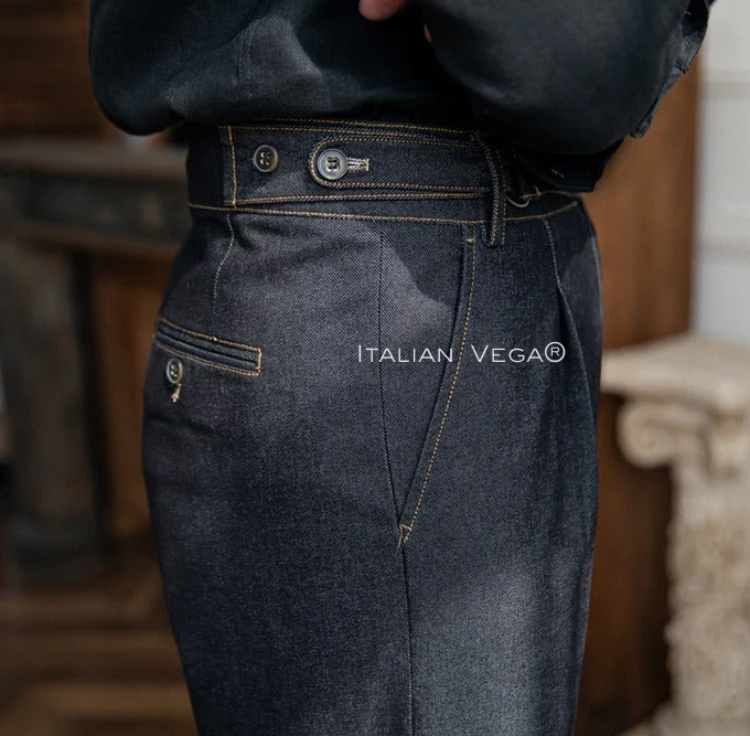 Old Money Classic Stripe Shirt with Space Blue Veteran Denim Gurkha Pant by ITALIAN VEGA®