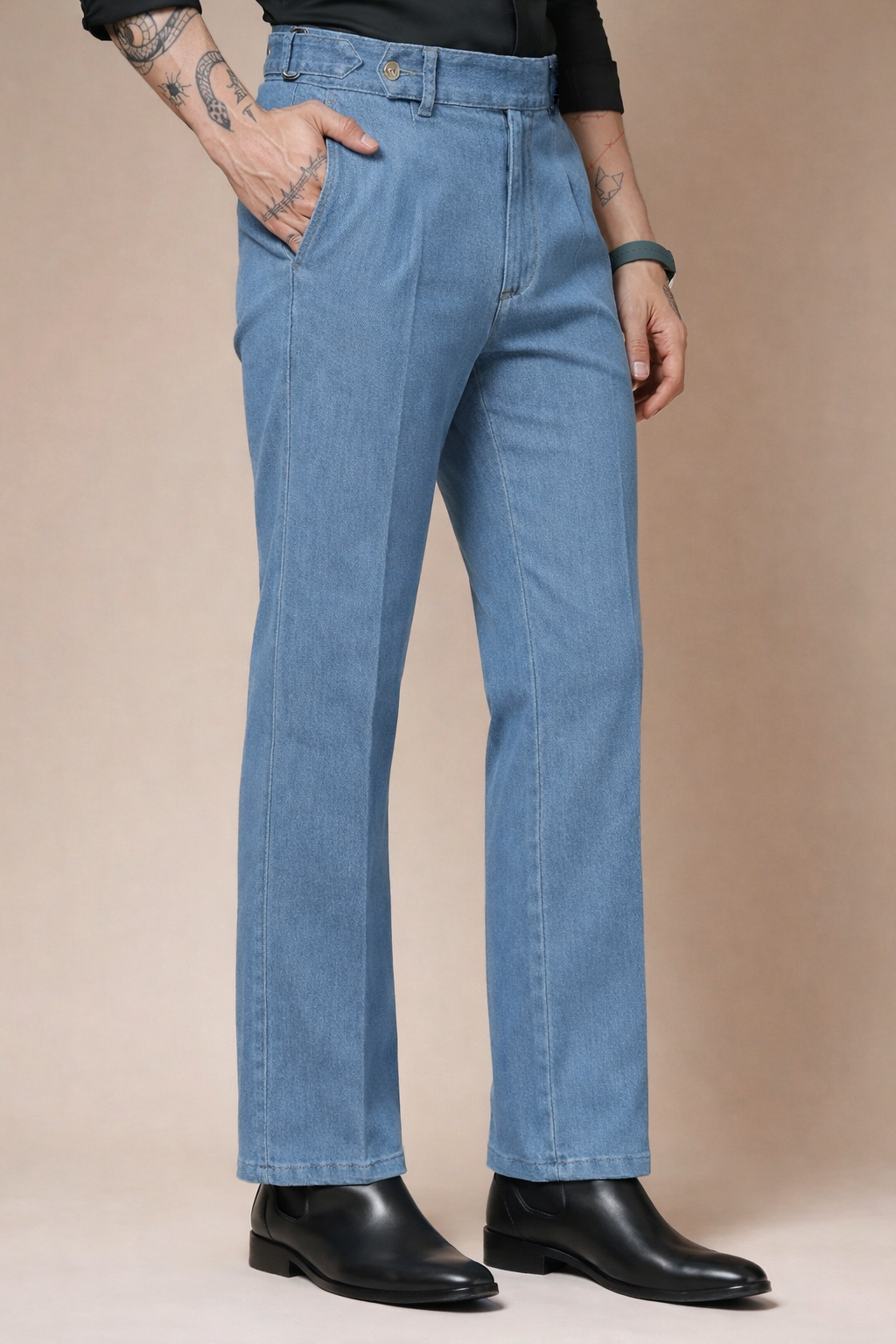 Sky Denim Oxford Gurkha Trouser Pants | Boot Cut Fit by Italian Vega®