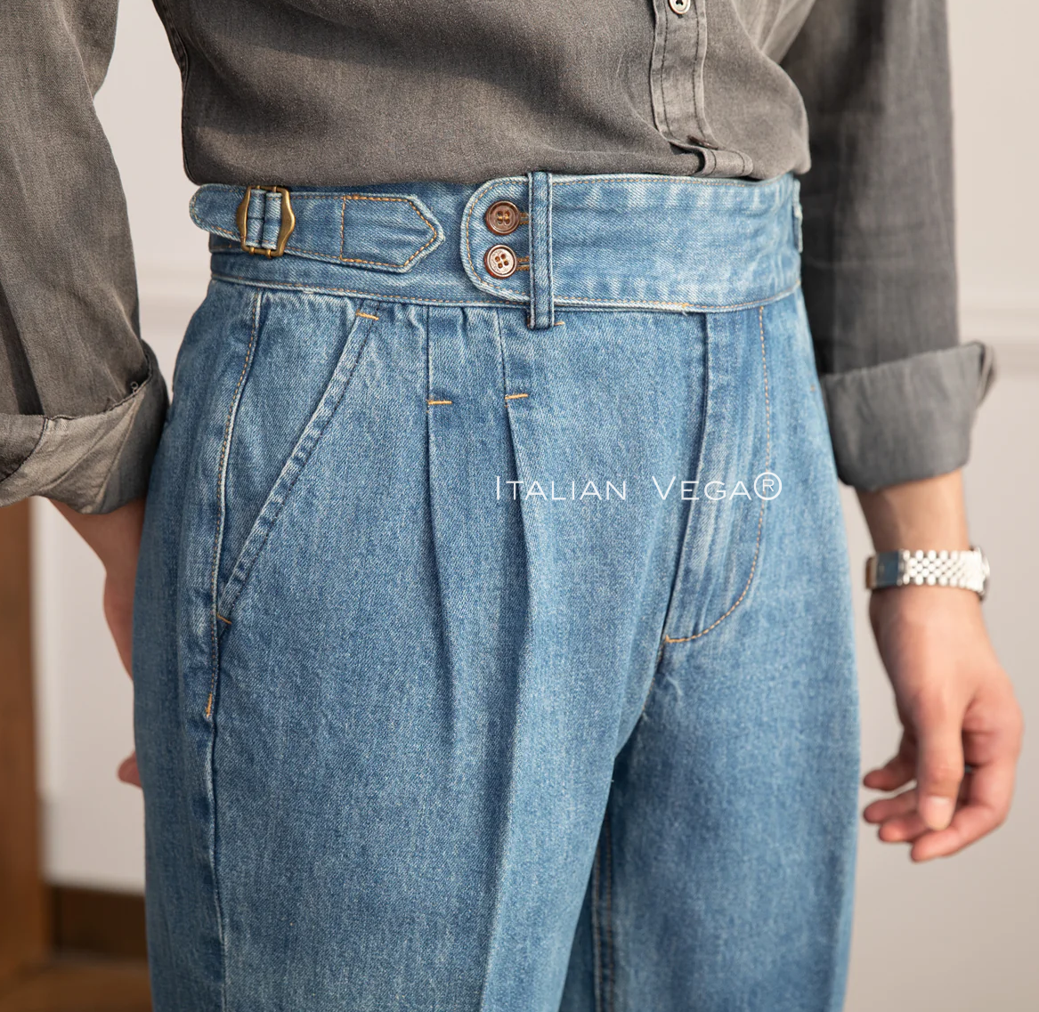 Sky Denim Signature Buttoned Gurkha Trouser Pants for Men by Italian Vega® (Limited Edition)