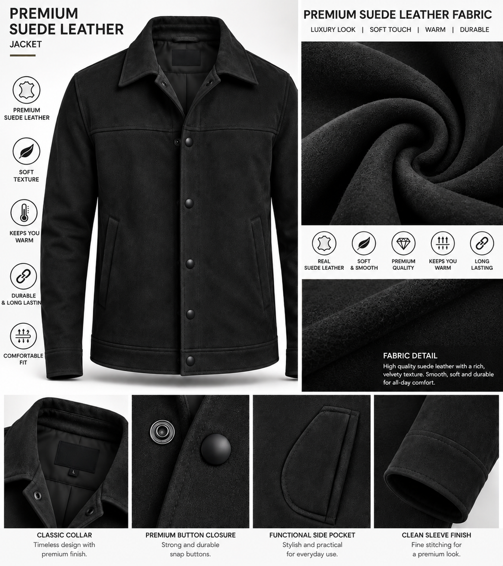 Sleek Black Suede Snap-Button Jacket by ITALIAN VEGA®