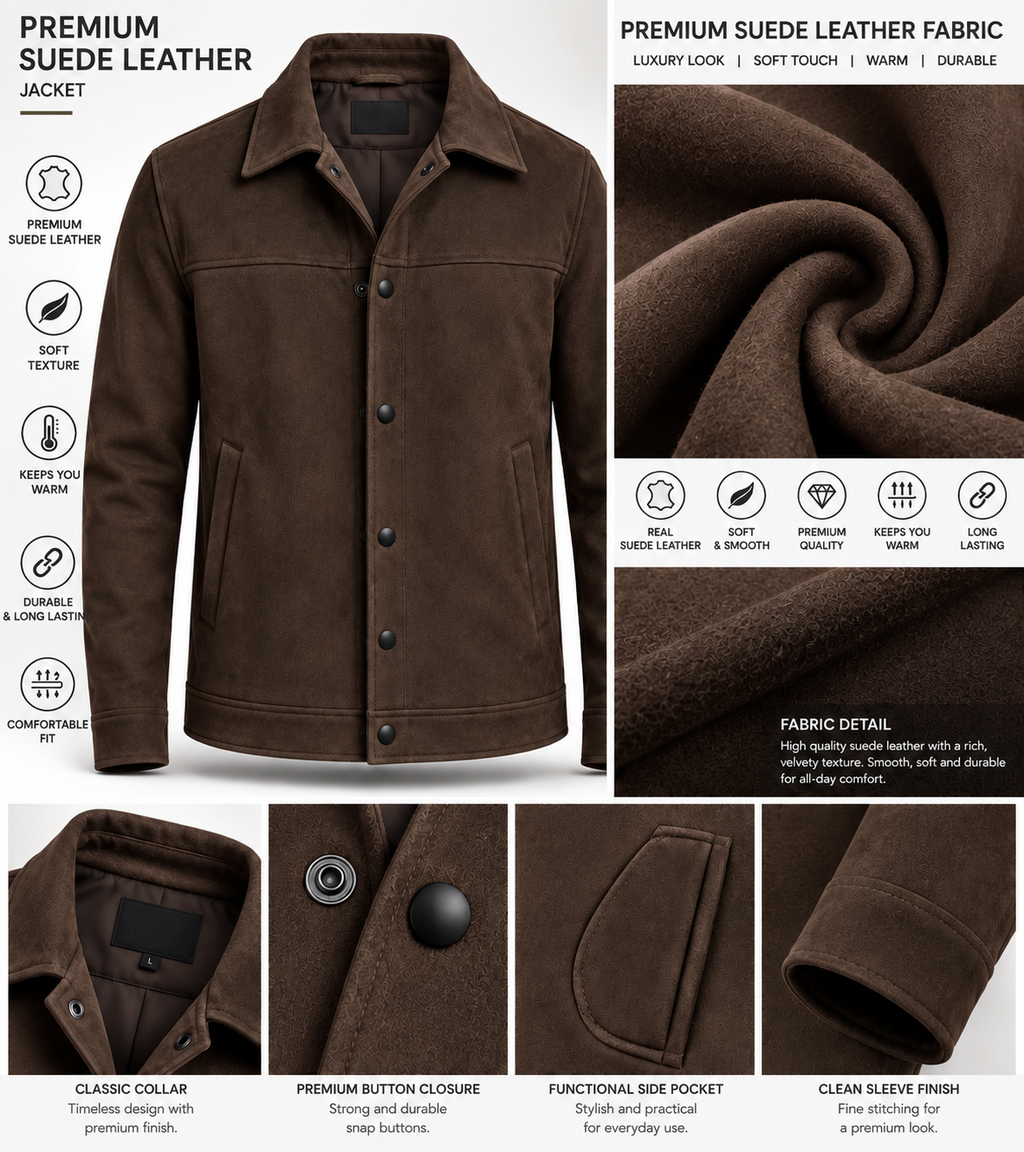 Sleek Brown Suede Snap-Button Jacket by ITALIAN VEGA®