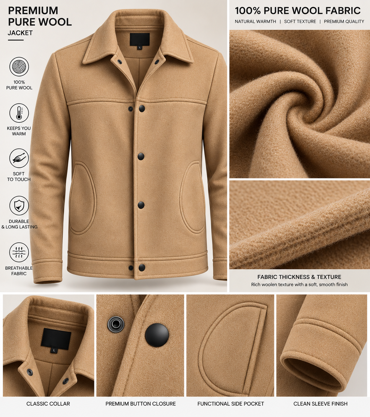 Sleek Camel Wool Coach Jacket by ITALIAN VEGA®