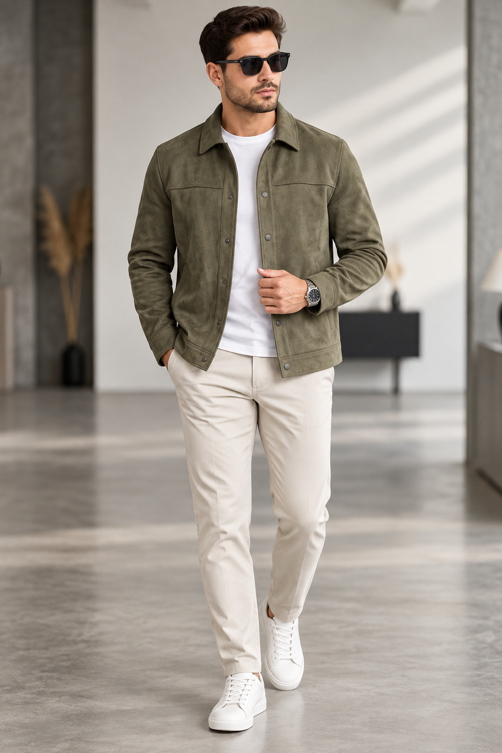 Sleek Olive Suede Snap-Button Jacket by ITALIAN VEGA®
