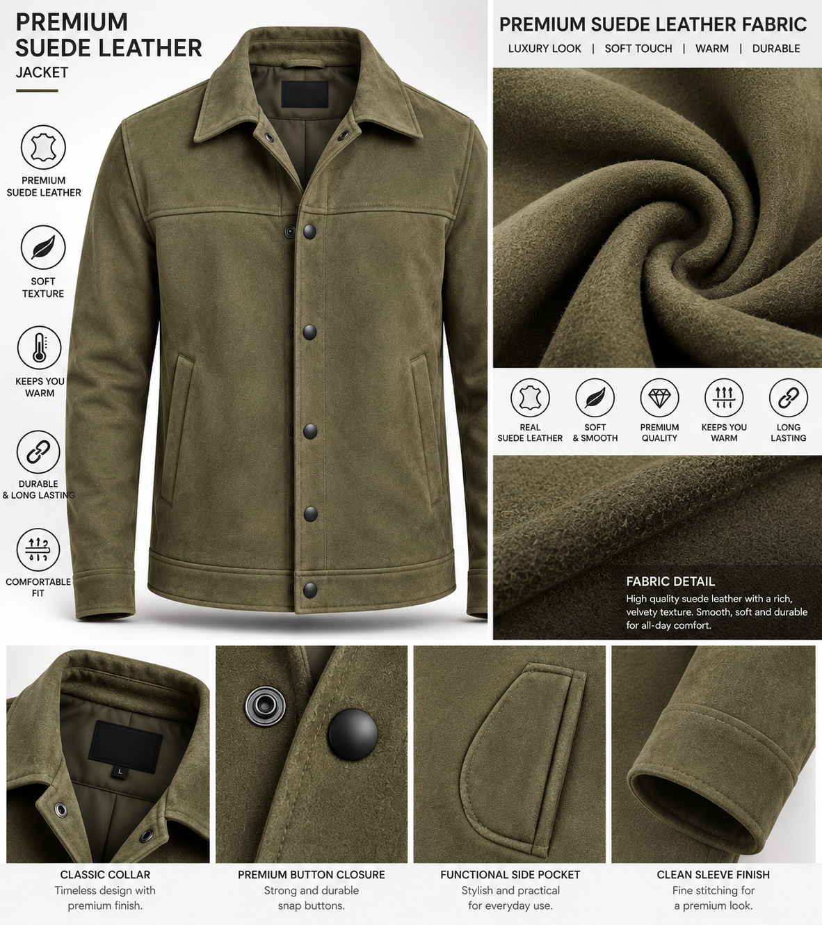 Sleek Olive Suede Snap-Button Jacket by ITALIAN VEGA®