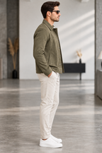 Sleek Olive Suede Snap-Button Jacket by ITALIAN VEGA®