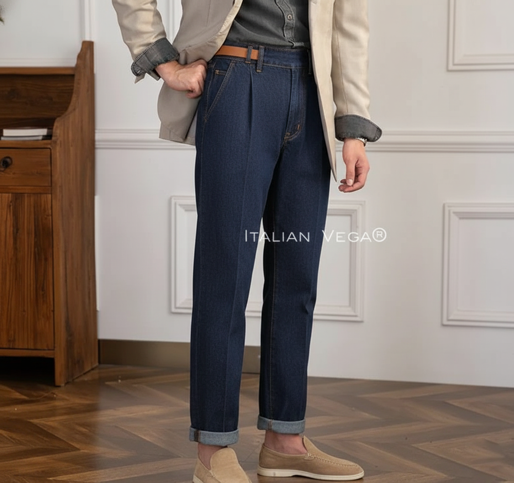 Space Blue Signature Buttoned Denim Gurkha Trouser Pants for Men by Italian Vega® (Limited Edition)