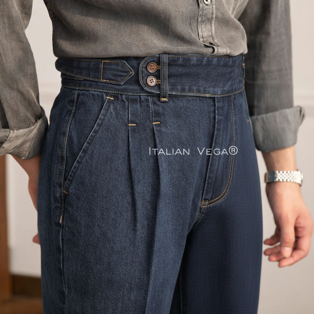 Space Blue Denim Signature Buttoned Gurkha Trouser Pants for Men by Italian Vega® (Limited Edition)