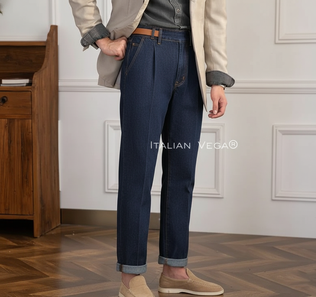 Space Blue Denim Signature Buttoned Gurkha Trouser Pants for Men by Italian Vega® (Limited Edition)