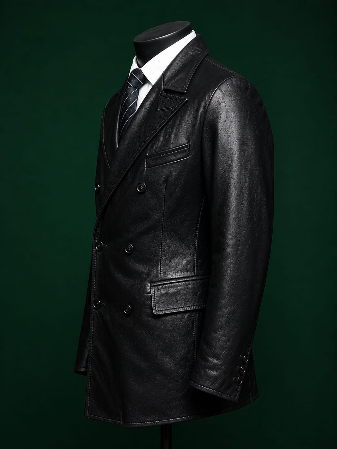 Men's Black Vegan Leather  Double Breasted Blazer Coat | Midnight Onyx by Italian Vega®